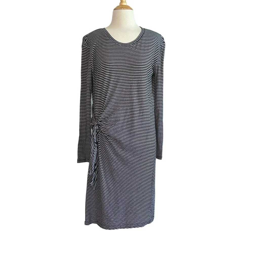 VINCE Small Black White Striped Long Sleeve Cotton Gathered Tie Waist Midi Dress